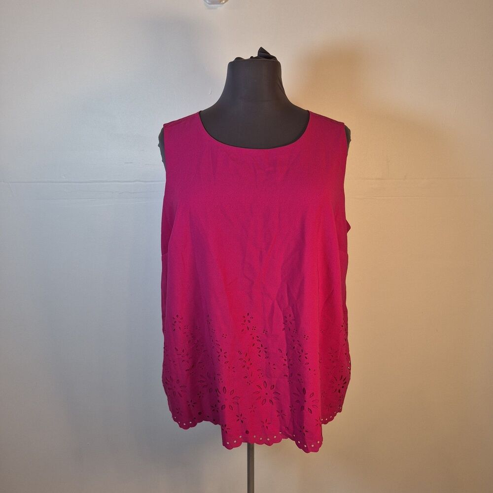 Cynthia Rowley Women's Hot Pink Sleeveless Blouse Size 3X Laser-cut Floral Hem